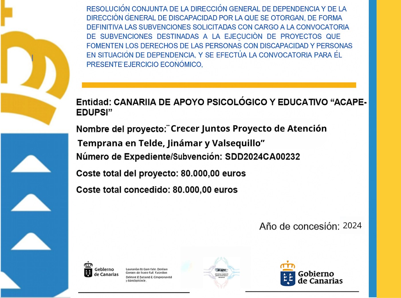 Cartel de subvención 2024, expediente SDD2024CA00232: coste total y concedido 80.000,00 €