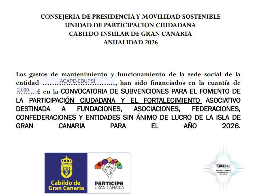 Cartel de subvención 2026 del Cabildo de Gran Canaria (Participa Gran Canaria): mantenimiento y funcionamiento de la sede social, 2.000 €
